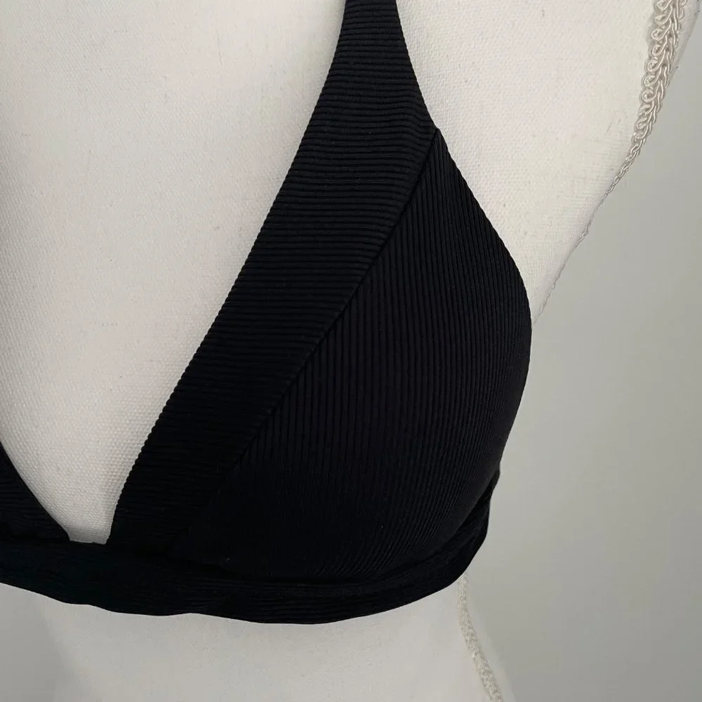 Becca Black Swimsuit Bikini Top V-Neck Fine Line Lrg Ties Neck and Back